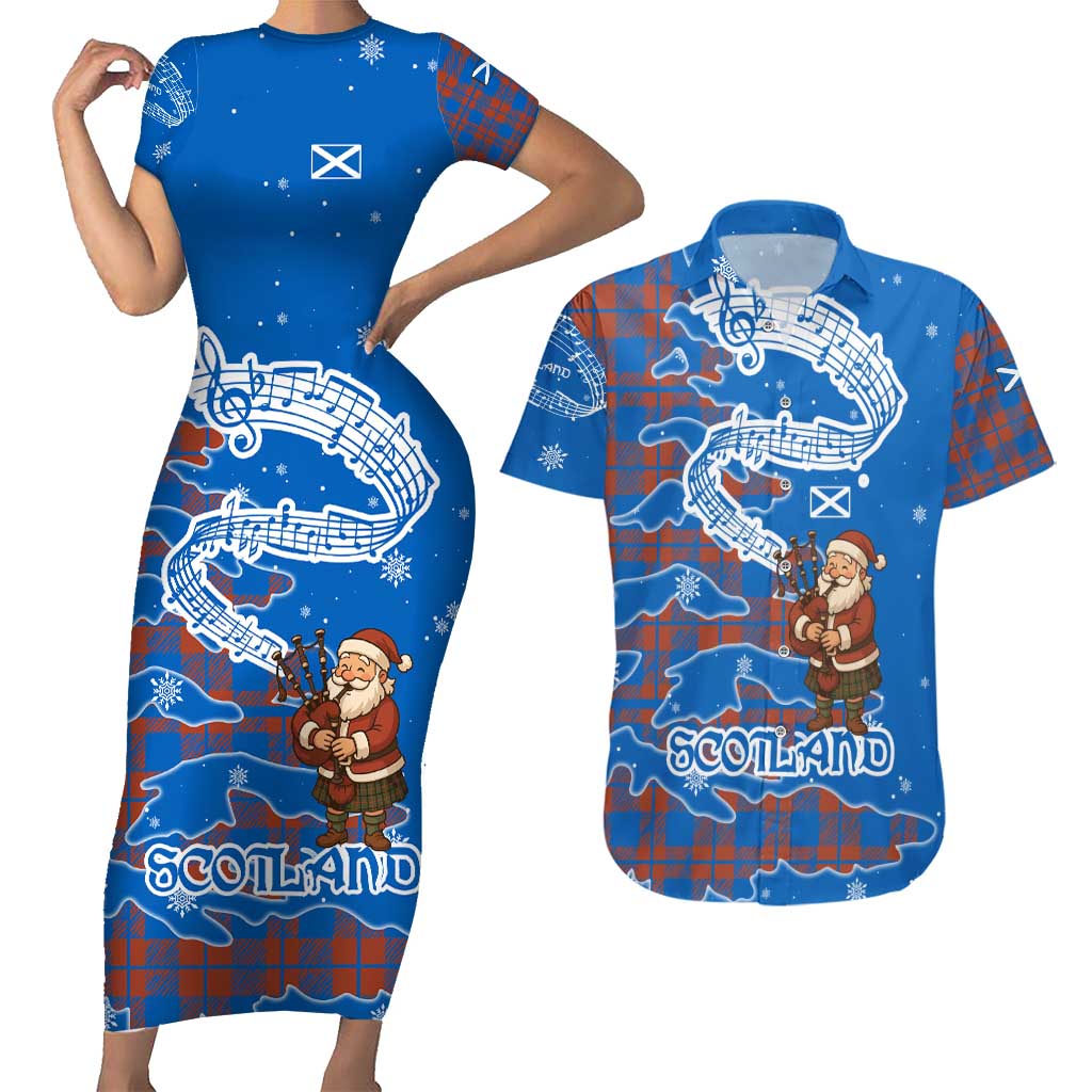 Scotland Christmas Couples Matching Short Sleeve Bodycon Dress and Hawaiian Shirt with Santa Playing Bagpipes and Blue Red Tartan Music Notes - Wonder Print Shop