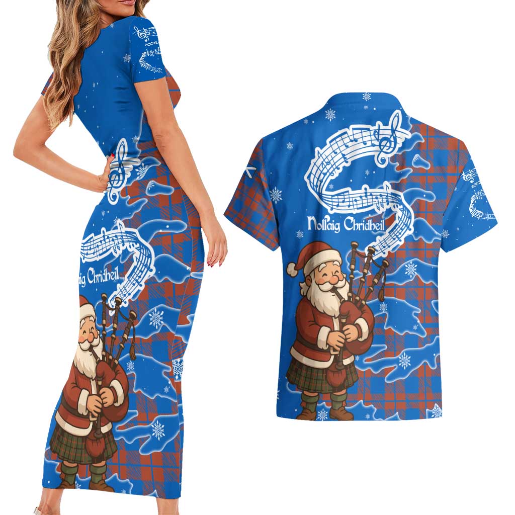 Scotland Christmas Couples Matching Short Sleeve Bodycon Dress and Hawaiian Shirt with Santa Playing Bagpipes and Blue Red Tartan Music Notes - Wonder Print Shop