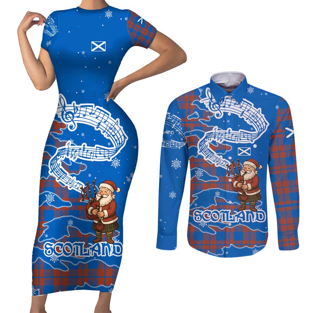 Scotland Christmas Couples Matching Short Sleeve Bodycon Dress and Long Sleeve Button Shirt with Santa Playing Bagpipes and Blue Red Tartan Music Notes - Wonder Print Shop