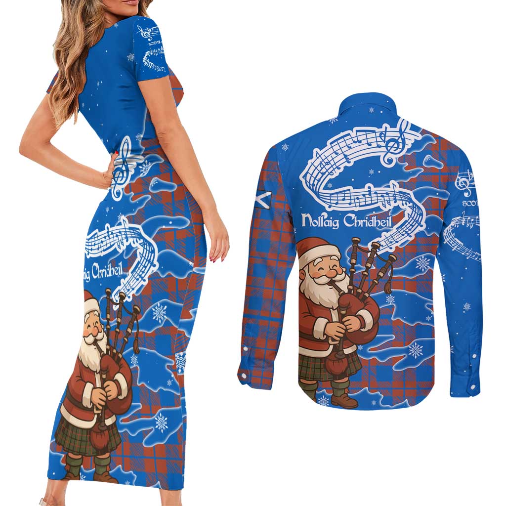 Scotland Christmas Couples Matching Short Sleeve Bodycon Dress and Long Sleeve Button Shirt with Santa Playing Bagpipes and Blue Red Tartan Music Notes - Wonder Print Shop