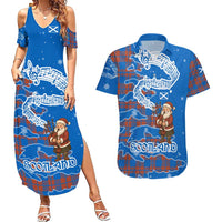 Scotland Christmas Couples Matching Summer Maxi Dress and Hawaiian Shirt with Santa Playing Bagpipes and Blue Red Tartan Music Notes - Wonder Print Shop