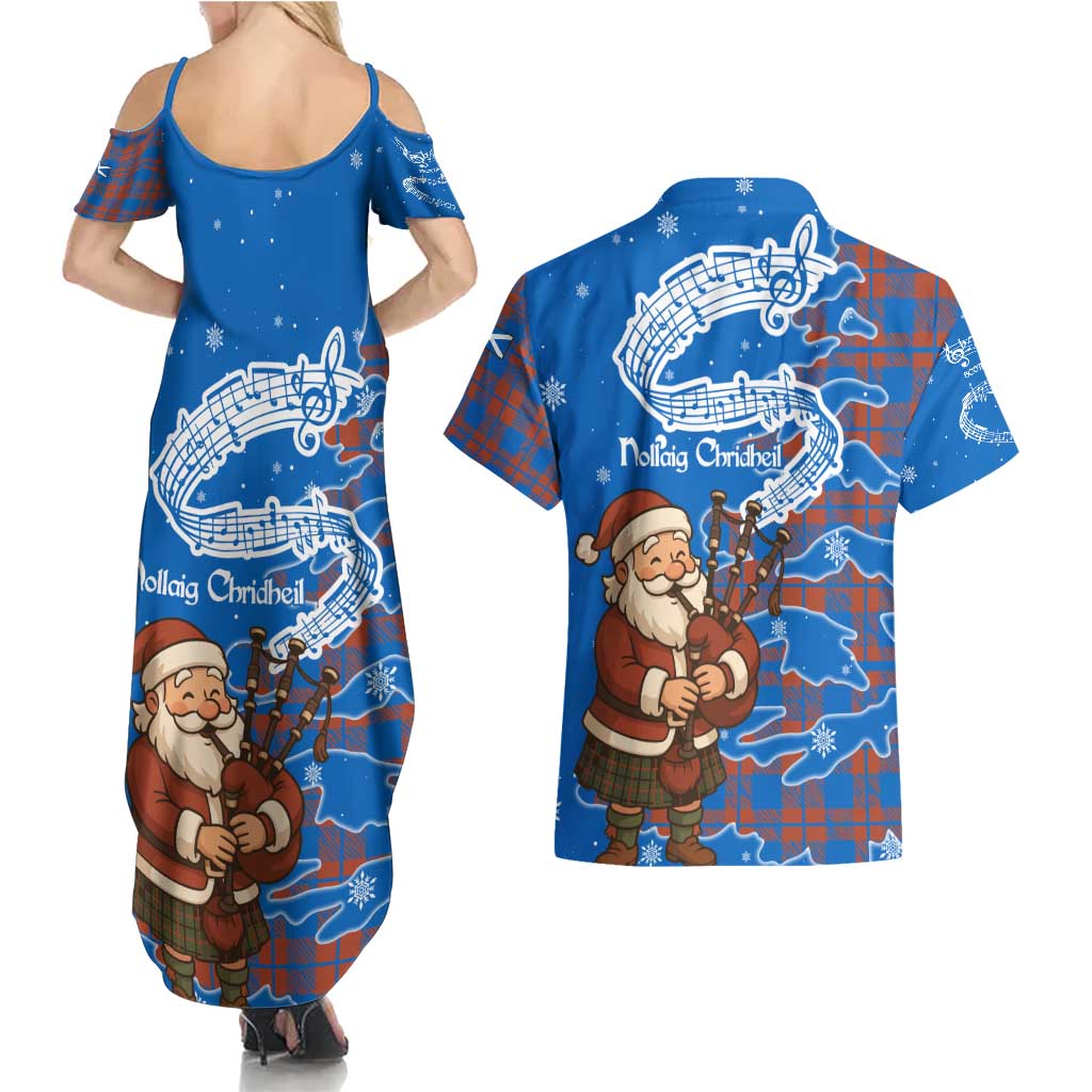 Scotland Christmas Couples Matching Summer Maxi Dress and Hawaiian Shirt with Santa Playing Bagpipes and Blue Red Tartan Music Notes - Wonder Print Shop