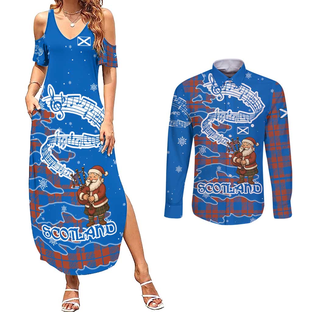 Scotland Christmas Couples Matching Summer Maxi Dress and Long Sleeve Button Shirt with Santa Playing Bagpipes and Blue Red Tartan Music Notes - Wonder Print Shop