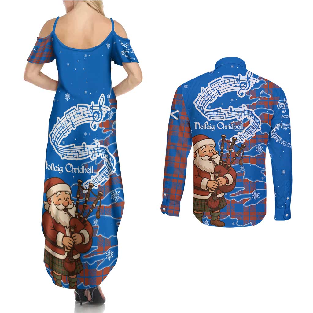 Scotland Christmas Couples Matching Summer Maxi Dress and Long Sleeve Button Shirt with Santa Playing Bagpipes and Blue Red Tartan Music Notes - Wonder Print Shop