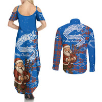 Scotland Christmas Couples Matching Summer Maxi Dress and Long Sleeve Button Shirt with Santa Playing Bagpipes and Blue Red Tartan Music Notes - Wonder Print Shop