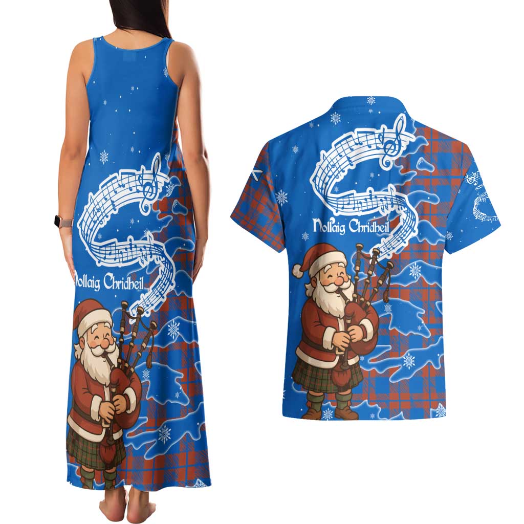 Scotland Christmas Couples Matching Tank Maxi Dress and Hawaiian Shirt with Santa Playing Bagpipes and Blue Red Tartan Music Notes - Wonder Print Shop