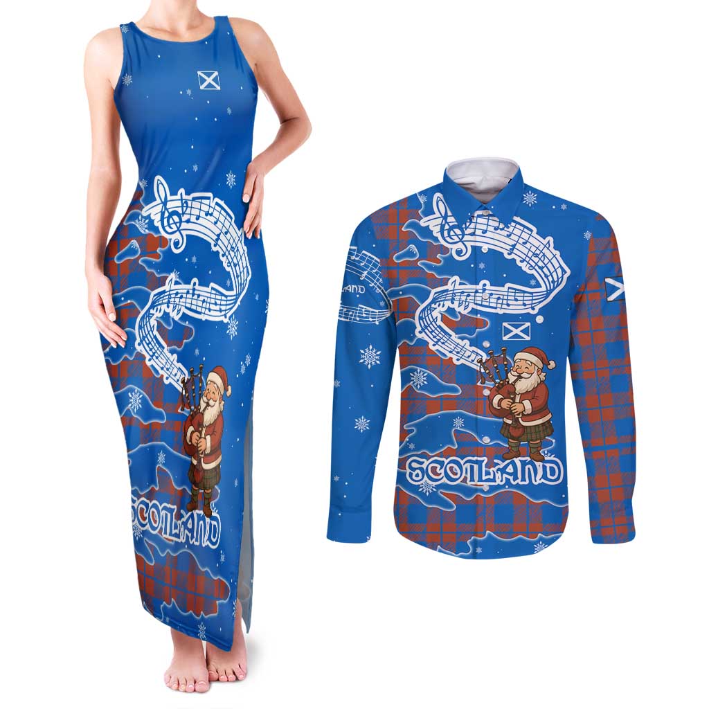 Scotland Christmas Couples Matching Tank Maxi Dress and Long Sleeve Button Shirt with Santa Playing Bagpipes and Blue Red Tartan Music Notes - Wonder Print Shop