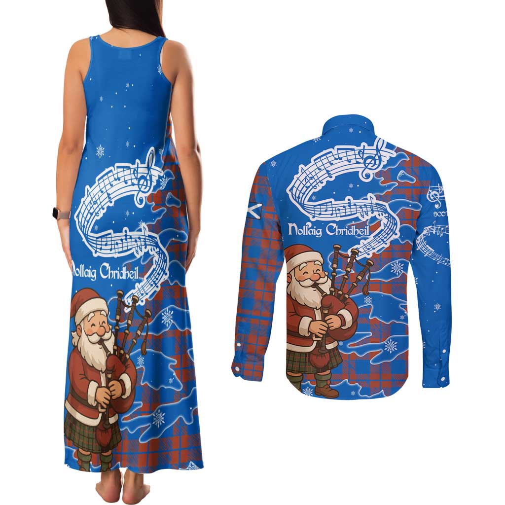 Scotland Christmas Couples Matching Tank Maxi Dress and Long Sleeve Button Shirt with Santa Playing Bagpipes and Blue Red Tartan Music Notes - Wonder Print Shop