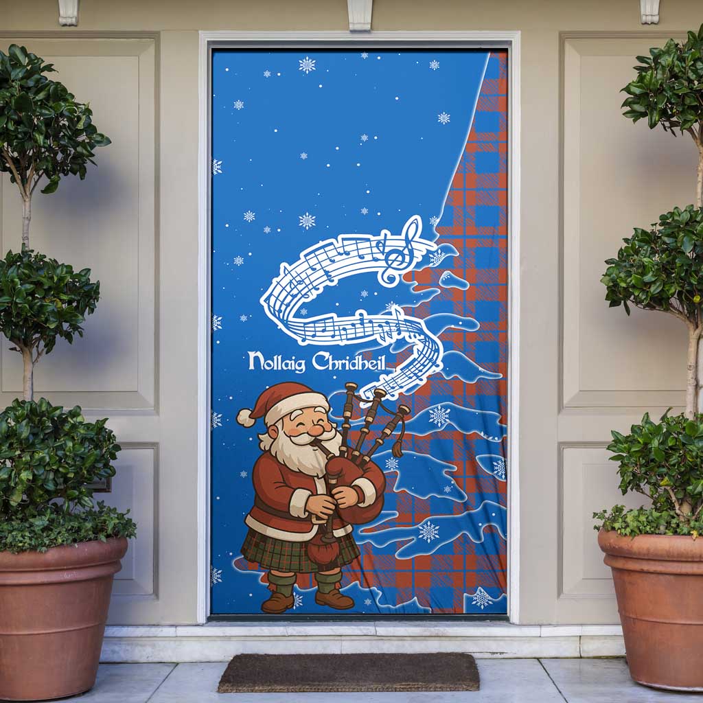 Scotland Christmas Door Cover with Santa Playing Bagpipes and Blue Red Tartan Music Notes - Wonder Print Shop