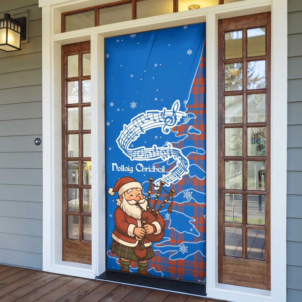 Scotland Christmas Door Cover with Santa Playing Bagpipes and Blue Red Tartan Music Notes - Wonder Print Shop