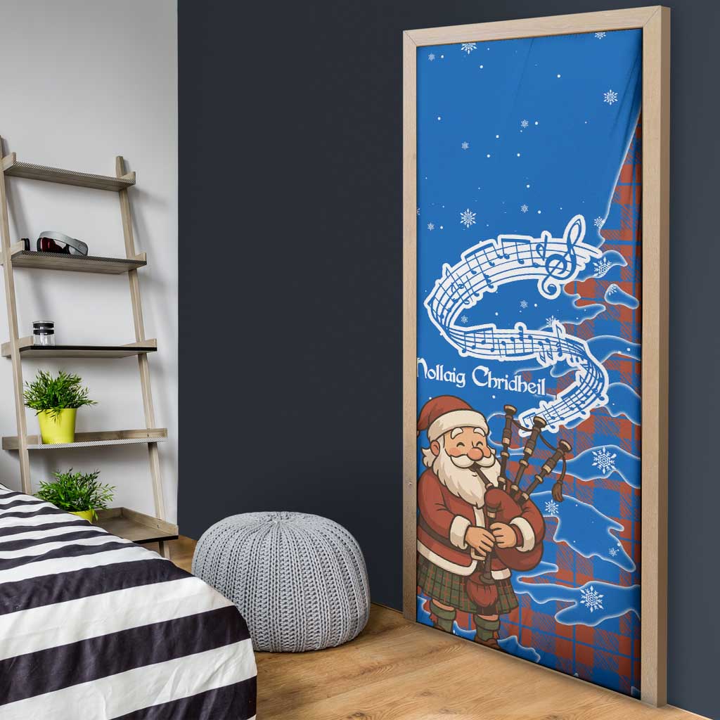 Scotland Christmas Door Cover with Santa Playing Bagpipes and Blue Red Tartan Music Notes - Wonder Print Shop