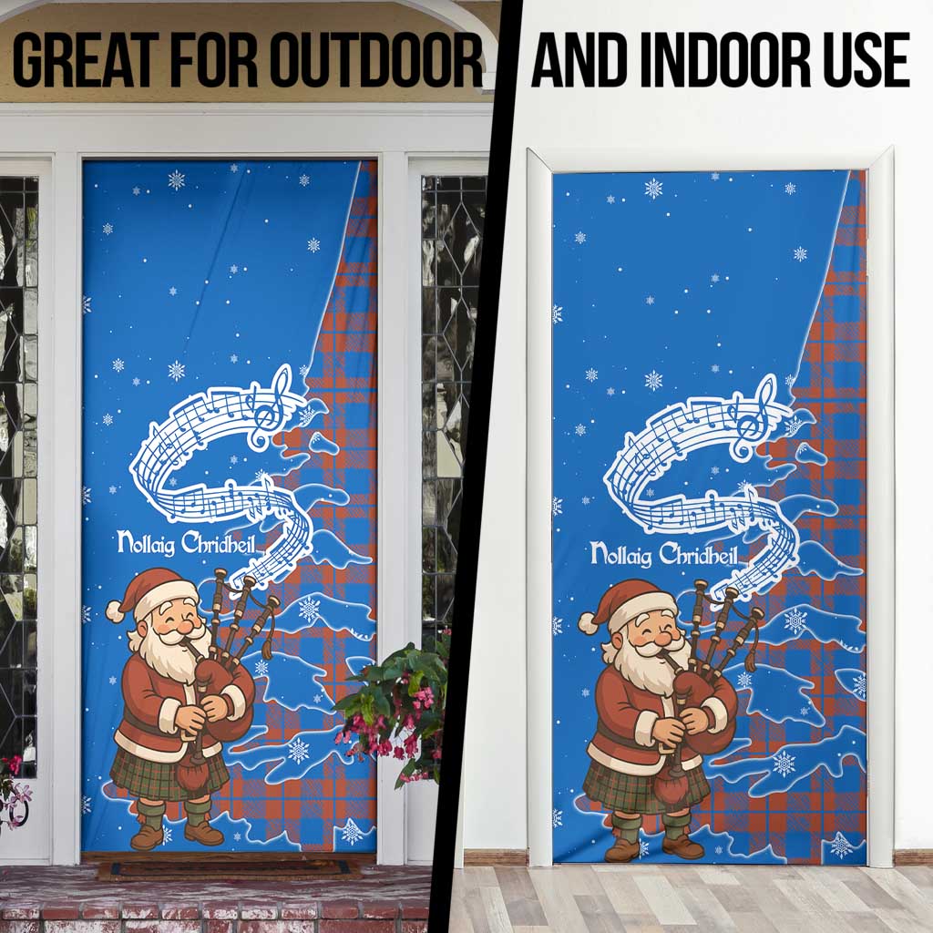Scotland Christmas Door Cover with Santa Playing Bagpipes and Blue Red Tartan Music Notes - Wonder Print Shop