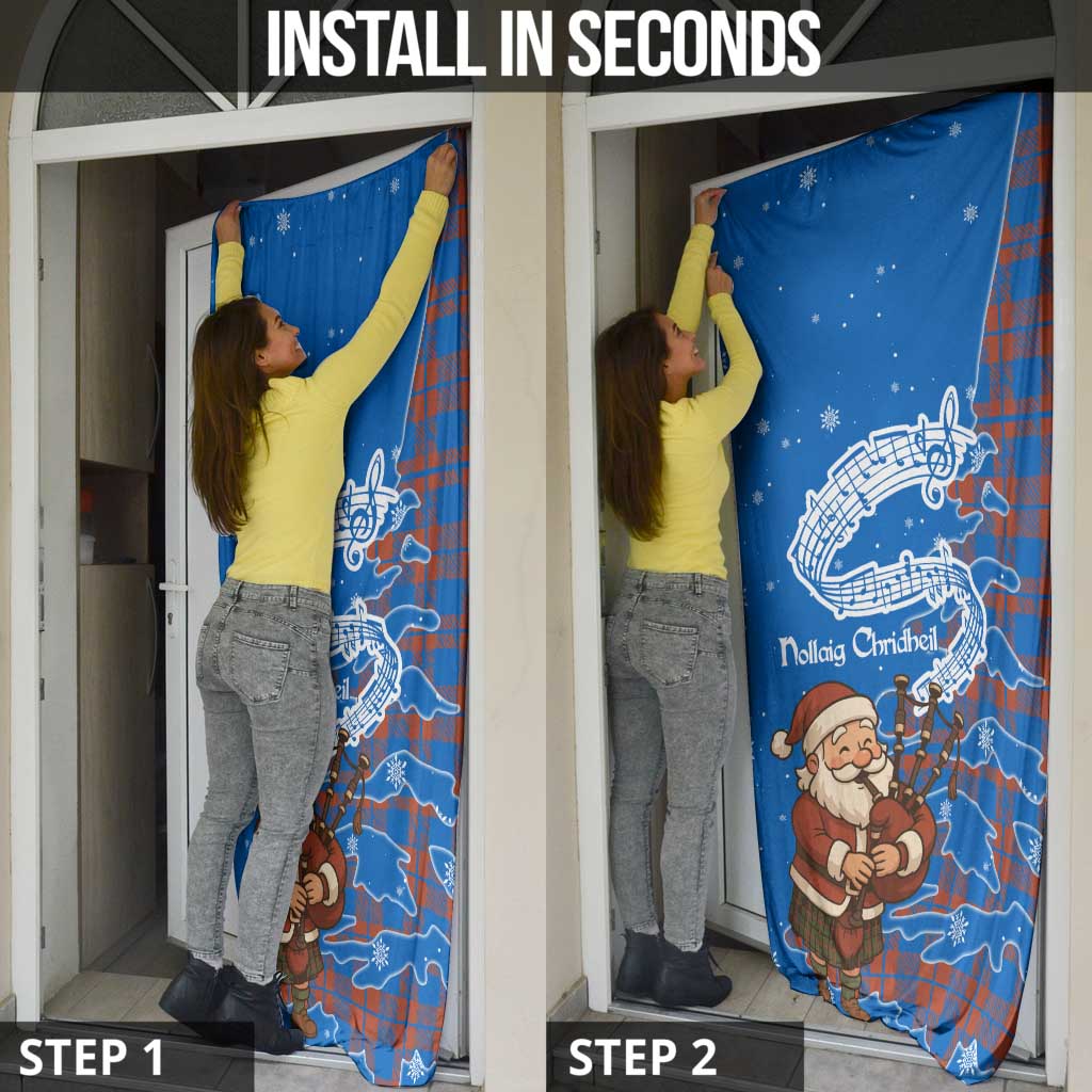 Scotland Christmas Door Cover with Santa Playing Bagpipes and Blue Red Tartan Music Notes - Wonder Print Shop