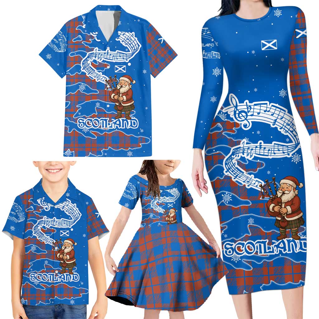 Scotland Christmas Family Matching Long Sleeve Bodycon Dress and Hawaiian Shirt with Santa Playing Bagpipes and Blue Red Tartan Music Notes - Wonder Print Shop