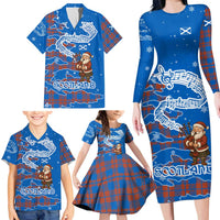 Scotland Christmas Family Matching Long Sleeve Bodycon Dress and Hawaiian Shirt with Santa Playing Bagpipes and Blue Red Tartan Music Notes - Wonder Print Shop