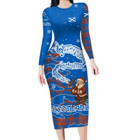 Scotland Christmas Family Matching Long Sleeve Bodycon Dress and Hawaiian Shirt with Santa Playing Bagpipes and Blue Red Tartan Music Notes - Wonder Print Shop