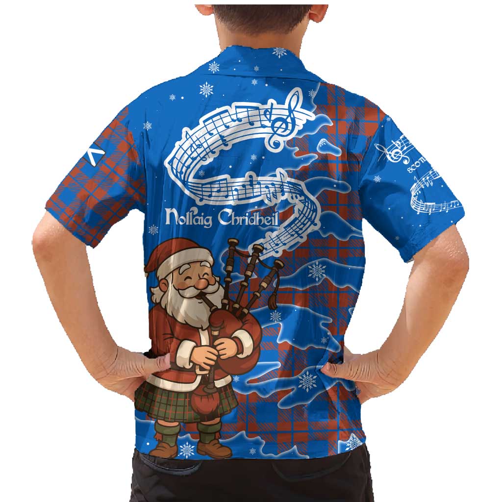 Scotland Christmas Family Matching Mermaid Dress and Hawaiian Shirt with Santa Playing Bagpipes and Blue Red Tartan Music Notes - Wonder Print Shop