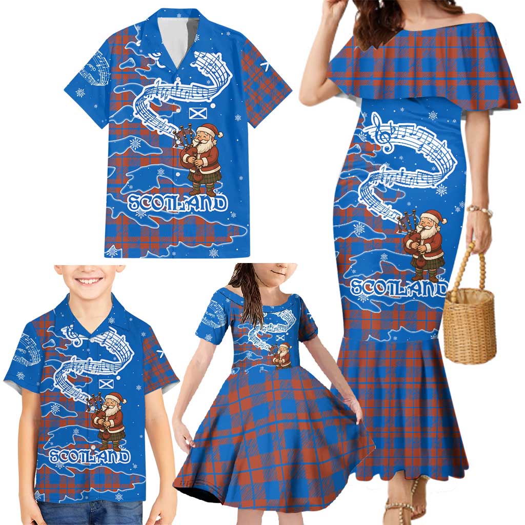 Scotland Christmas Family Matching Mermaid Dress and Hawaiian Shirt with Santa Playing Bagpipes and Blue Red Tartan Music Notes - Wonder Print Shop