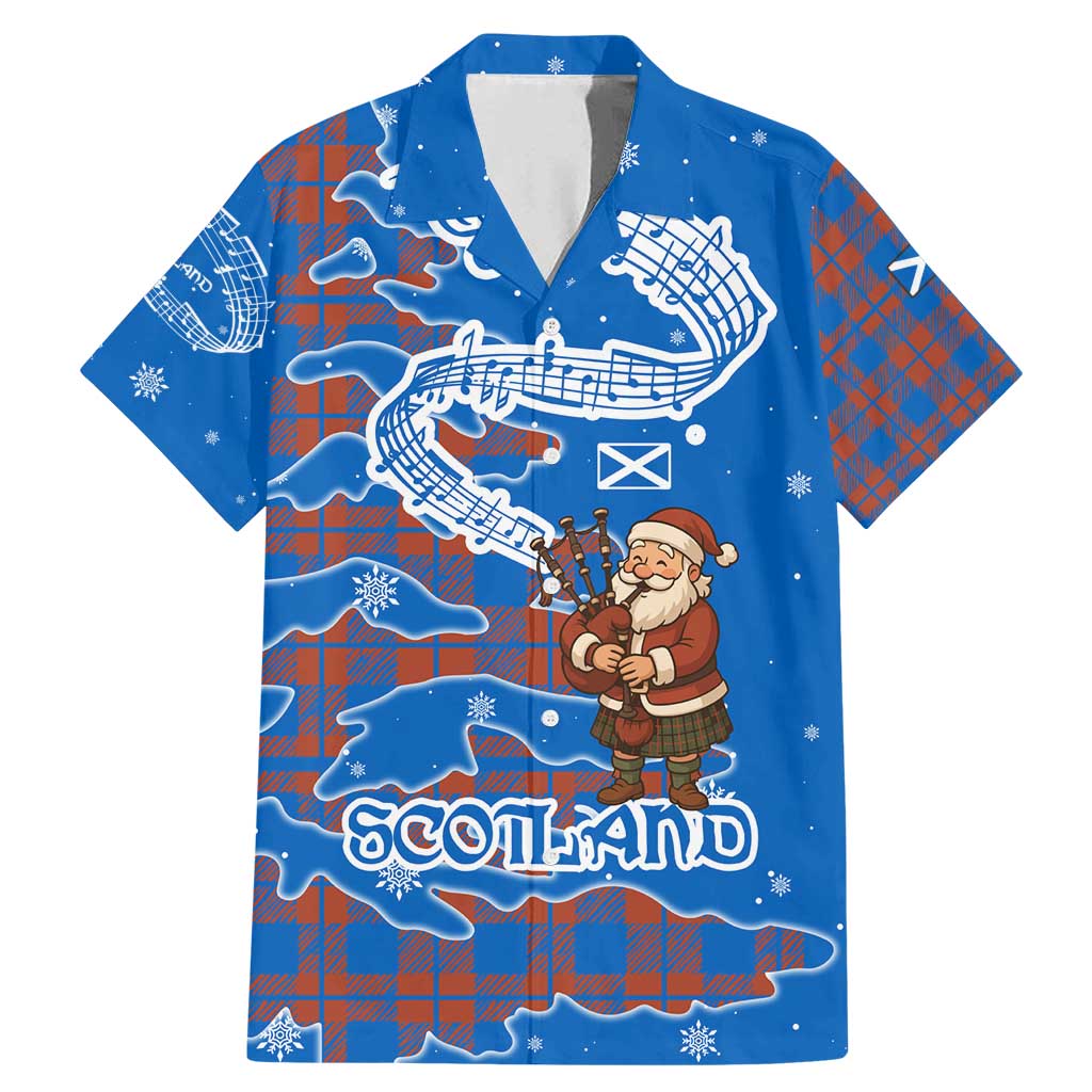 Scotland Christmas Family Matching Mermaid Dress and Hawaiian Shirt with Santa Playing Bagpipes and Blue Red Tartan Music Notes - Wonder Print Shop