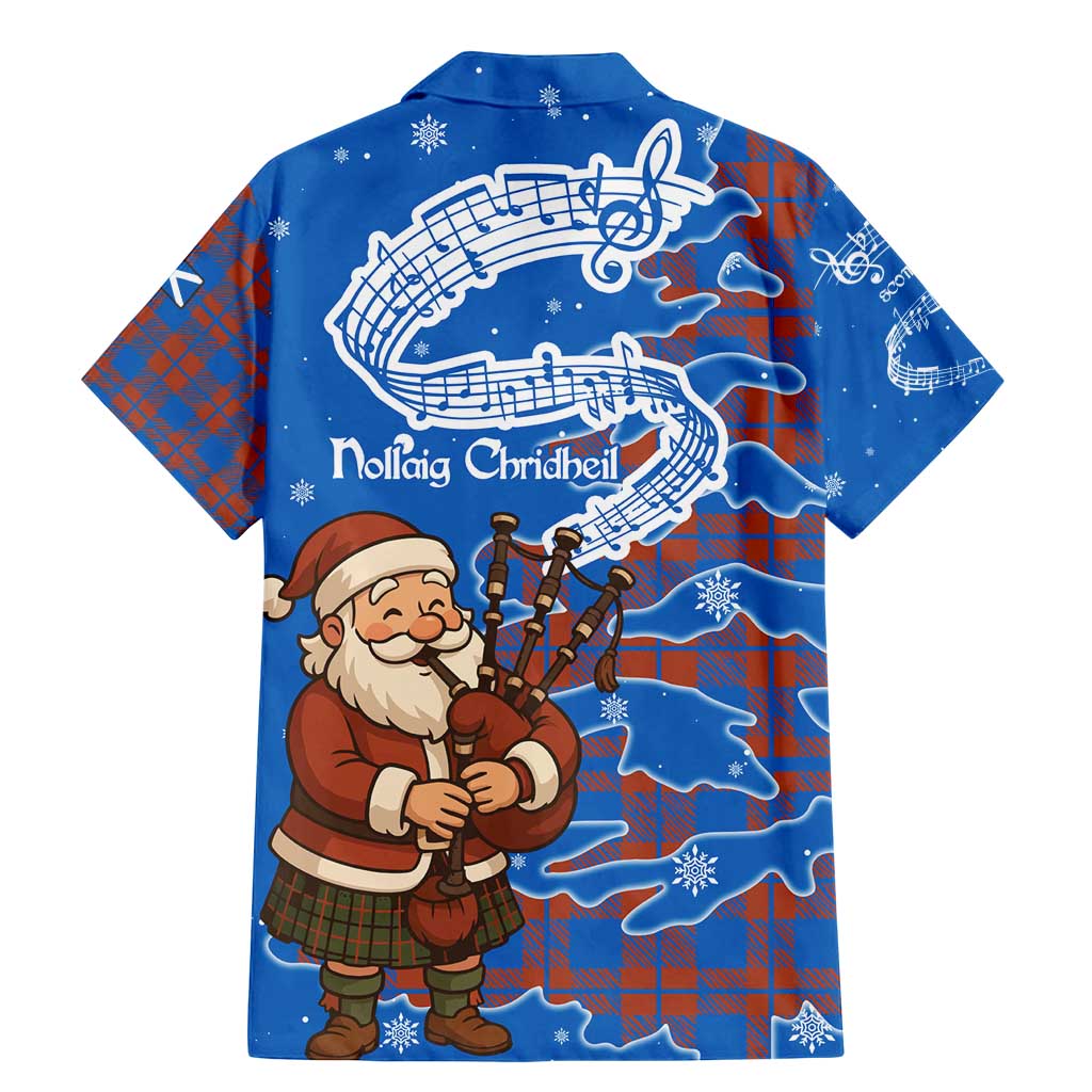 Scotland Christmas Family Matching Mermaid Dress and Hawaiian Shirt with Santa Playing Bagpipes and Blue Red Tartan Music Notes - Wonder Print Shop