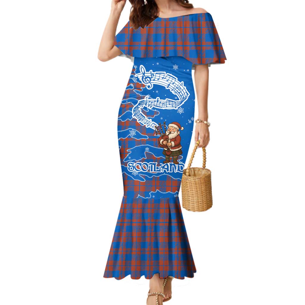 Scotland Christmas Family Matching Mermaid Dress and Hawaiian Shirt with Santa Playing Bagpipes and Blue Red Tartan Music Notes - Wonder Print Shop