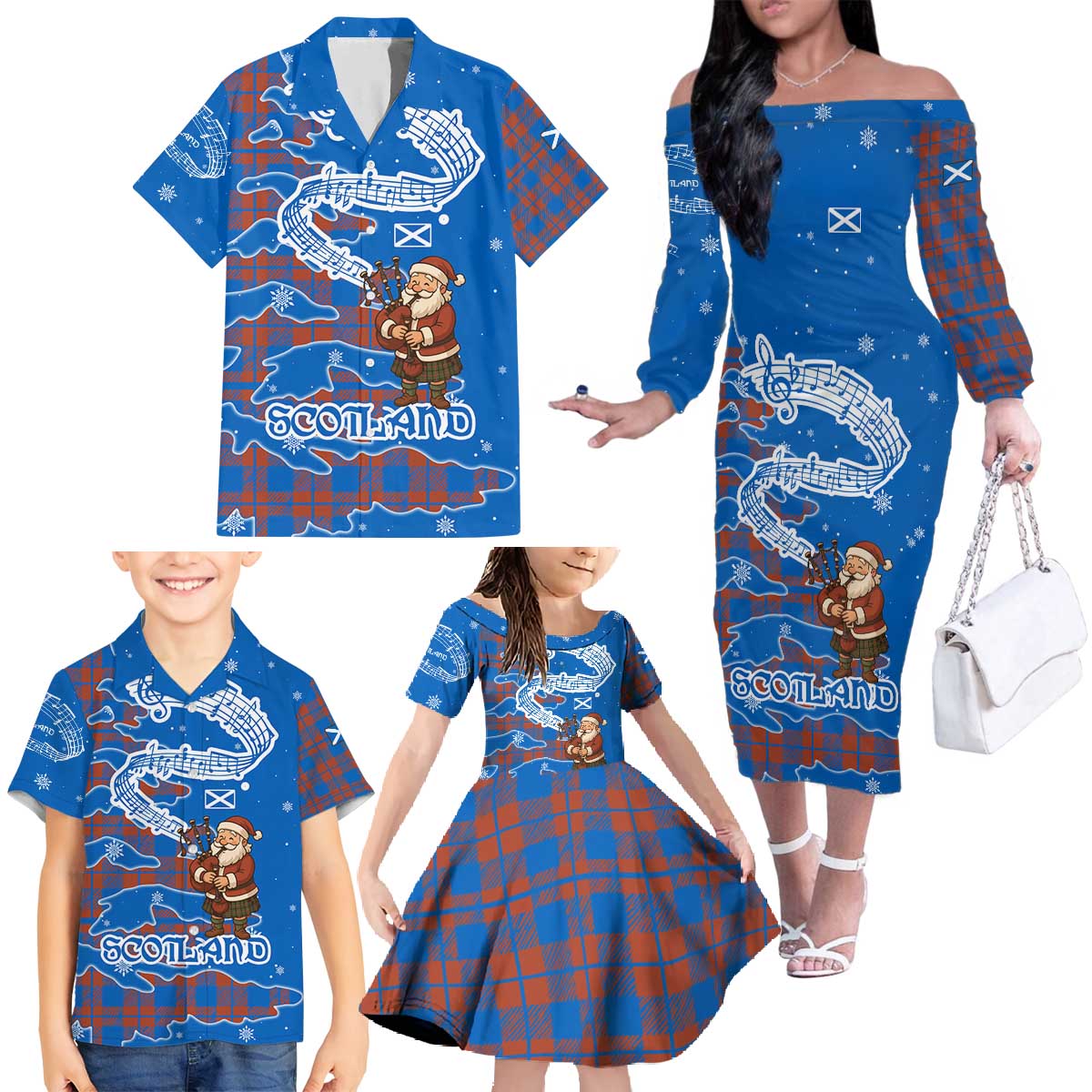 Scotland Christmas Family Matching Off The Shoulder Long Sleeve Dress and Hawaiian Shirt with Santa Playing Bagpipes and Blue Red Tartan Music Notes - Wonder Print Shop