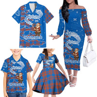 Scotland Christmas Family Matching Off The Shoulder Long Sleeve Dress and Hawaiian Shirt with Santa Playing Bagpipes and Blue Red Tartan Music Notes - Wonder Print Shop