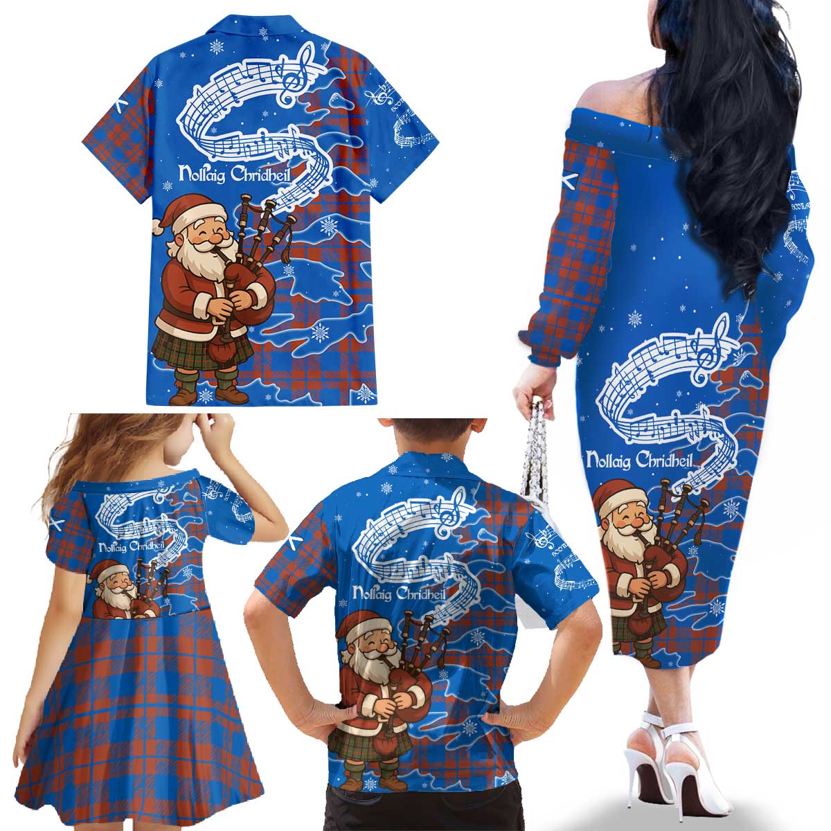 Scotland Christmas Family Matching Off The Shoulder Long Sleeve Dress and Hawaiian Shirt with Santa Playing Bagpipes and Blue Red Tartan Music Notes - Wonder Print Shop