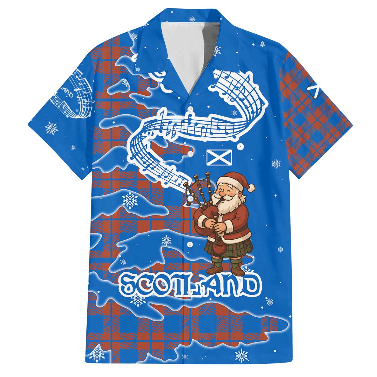 Scotland Christmas Family Matching Off The Shoulder Long Sleeve Dress and Hawaiian Shirt with Santa Playing Bagpipes and Blue Red Tartan Music Notes - Wonder Print Shop