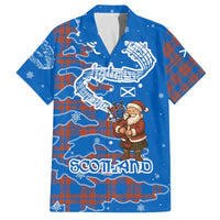 Scotland Christmas Family Matching Off The Shoulder Long Sleeve Dress and Hawaiian Shirt with Santa Playing Bagpipes and Blue Red Tartan Music Notes - Wonder Print Shop