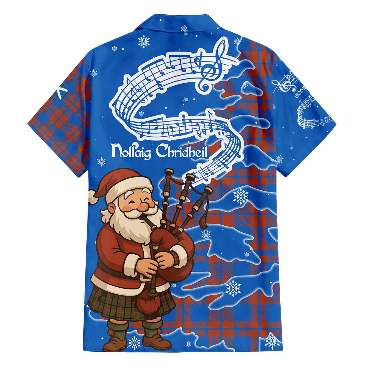 Scotland Christmas Family Matching Off The Shoulder Long Sleeve Dress and Hawaiian Shirt with Santa Playing Bagpipes and Blue Red Tartan Music Notes - Wonder Print Shop