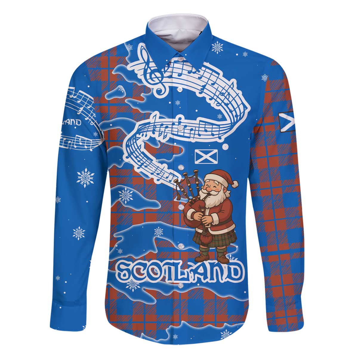 Scotland Christmas Family Matching Off The Shoulder Long Sleeve Dress and Hawaiian Shirt with Santa Playing Bagpipes and Blue Red Tartan Music Notes - Wonder Print Shop