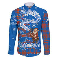 Scotland Christmas Family Matching Off The Shoulder Long Sleeve Dress and Hawaiian Shirt with Santa Playing Bagpipes and Blue Red Tartan Music Notes - Wonder Print Shop