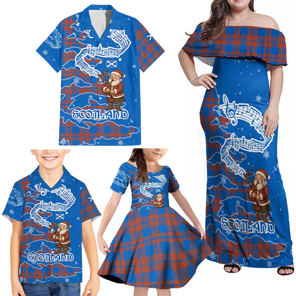 Scotland Christmas Family Matching Off Shoulder Maxi Dress and Hawaiian Shirt with Santa Playing Bagpipes and Blue Red Tartan Music Notes - Wonder Print Shop
