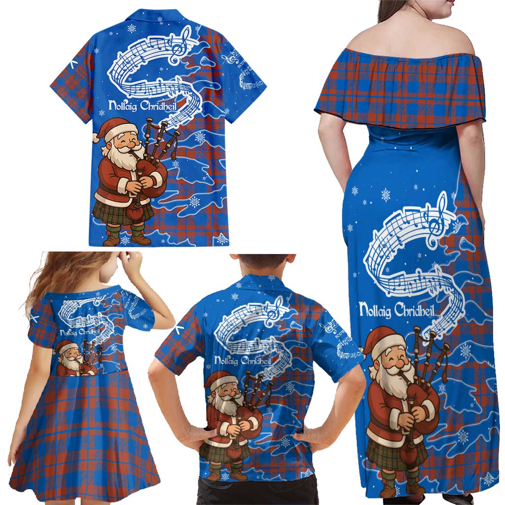Scotland Christmas Family Matching Off Shoulder Maxi Dress and Hawaiian Shirt with Santa Playing Bagpipes and Blue Red Tartan Music Notes - Wonder Print Shop