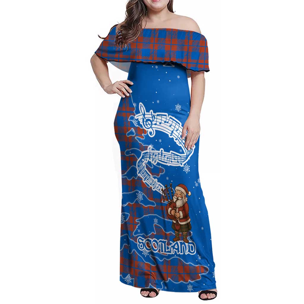 Scotland Christmas Family Matching Off Shoulder Maxi Dress and Hawaiian Shirt with Santa Playing Bagpipes and Blue Red Tartan Music Notes - Wonder Print Shop