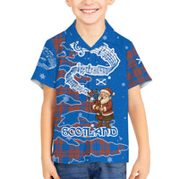 Scotland Christmas Family Matching Off Shoulder Maxi Dress and Hawaiian Shirt with Santa Playing Bagpipes and Blue Red Tartan Music Notes - Wonder Print Shop