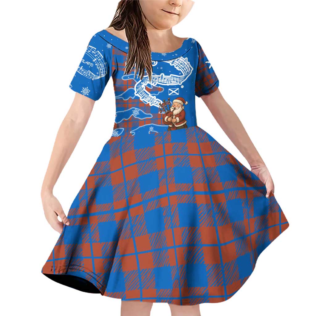 Scotland Christmas Family Matching Off Shoulder Short Dress and Hawaiian Shirt with Santa Playing Bagpipes and Blue Red Tartan Music Notes - Wonder Print Shop