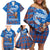 Scotland Christmas Family Matching Off Shoulder Short Dress and Hawaiian Shirt with Santa Playing Bagpipes and Blue Red Tartan Music Notes - Wonder Print Shop