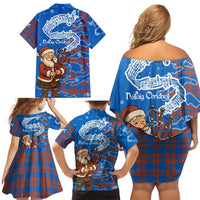 Scotland Christmas Family Matching Off Shoulder Short Dress and Hawaiian Shirt with Santa Playing Bagpipes and Blue Red Tartan Music Notes - Wonder Print Shop