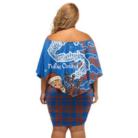 Scotland Christmas Family Matching Off Shoulder Short Dress and Hawaiian Shirt with Santa Playing Bagpipes and Blue Red Tartan Music Notes - Wonder Print Shop
