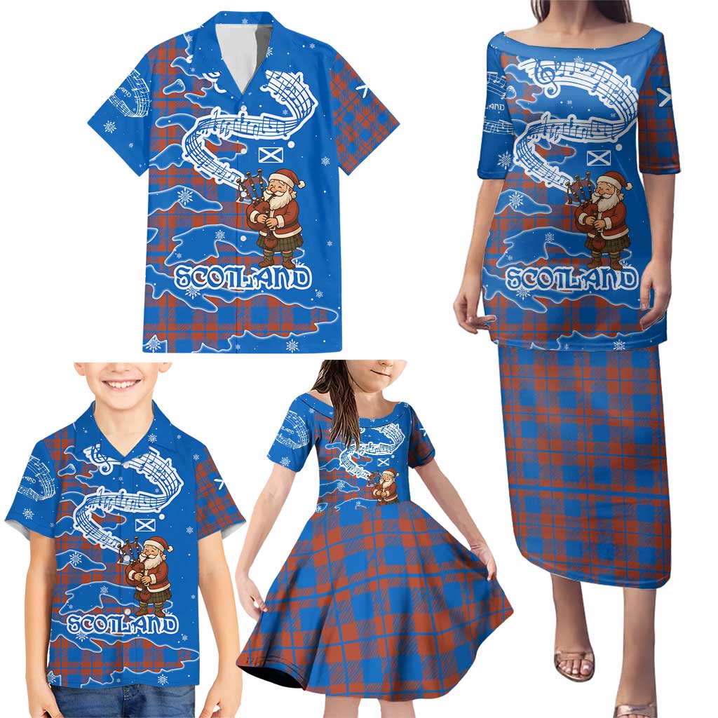 Scotland Christmas Family Matching Puletasi and Hawaiian Shirt with Santa Playing Bagpipes and Blue Red Tartan Music Notes - Wonder Print Shop