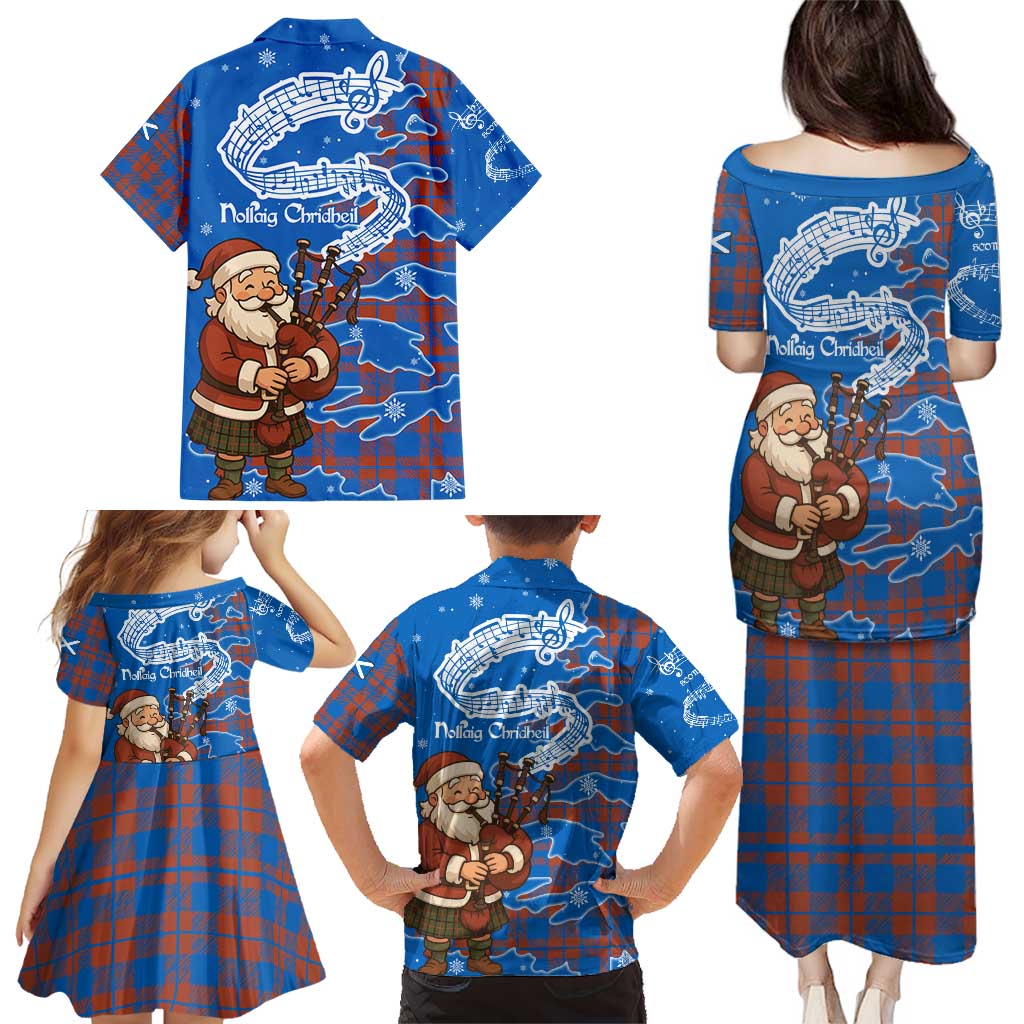 Scotland Christmas Family Matching Puletasi and Hawaiian Shirt with Santa Playing Bagpipes and Blue Red Tartan Music Notes - Wonder Print Shop