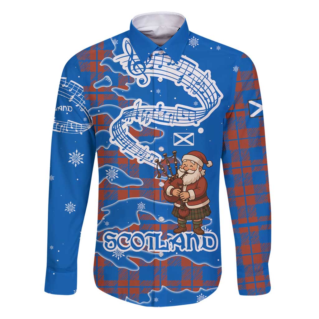 Scotland Christmas Family Matching Puletasi and Hawaiian Shirt with Santa Playing Bagpipes and Blue Red Tartan Music Notes - Wonder Print Shop