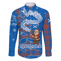 Scotland Christmas Family Matching Puletasi and Hawaiian Shirt with Santa Playing Bagpipes and Blue Red Tartan Music Notes - Wonder Print Shop