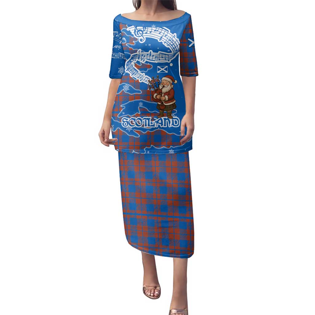 Scotland Christmas Family Matching Puletasi and Hawaiian Shirt with Santa Playing Bagpipes and Blue Red Tartan Music Notes - Wonder Print Shop