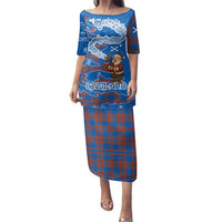 Scotland Christmas Family Matching Puletasi and Hawaiian Shirt with Santa Playing Bagpipes and Blue Red Tartan Music Notes - Wonder Print Shop