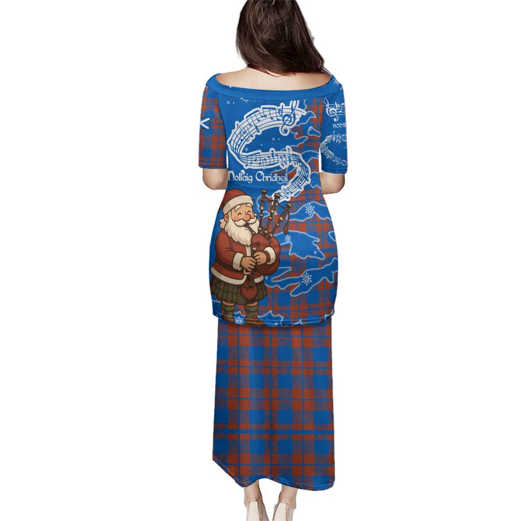 Scotland Christmas Family Matching Puletasi and Hawaiian Shirt with Santa Playing Bagpipes and Blue Red Tartan Music Notes - Wonder Print Shop