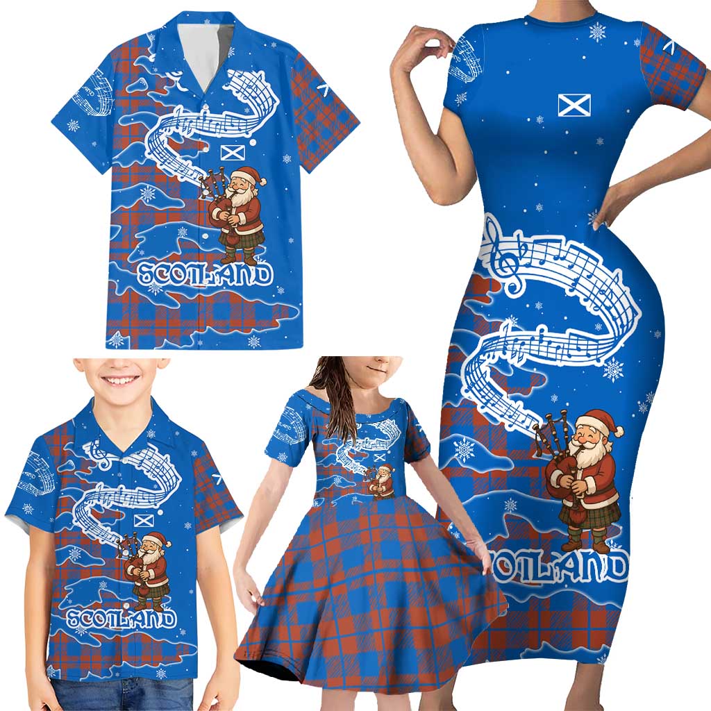 Scotland Christmas Family Matching Short Sleeve Bodycon Dress and Hawaiian Shirt with Santa Playing Bagpipes and Blue Red Tartan Music Notes - Wonder Print Shop