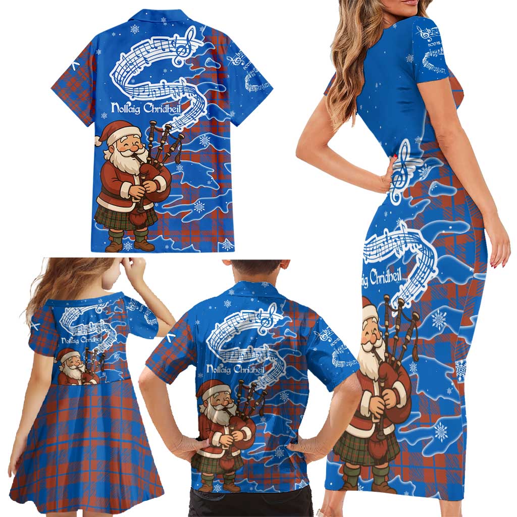 Scotland Christmas Family Matching Short Sleeve Bodycon Dress and Hawaiian Shirt with Santa Playing Bagpipes and Blue Red Tartan Music Notes - Wonder Print Shop